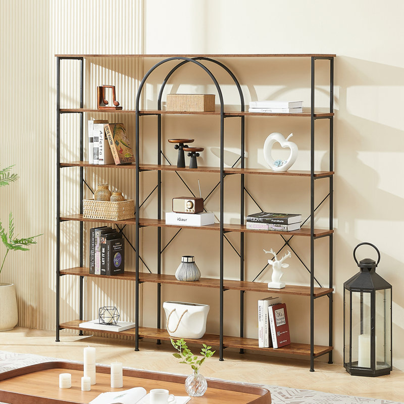 6 Tier Bookcase Home Office Open Bookshelf Vintage Industrial Style Shelf With Metal Frame MDF Board Brown